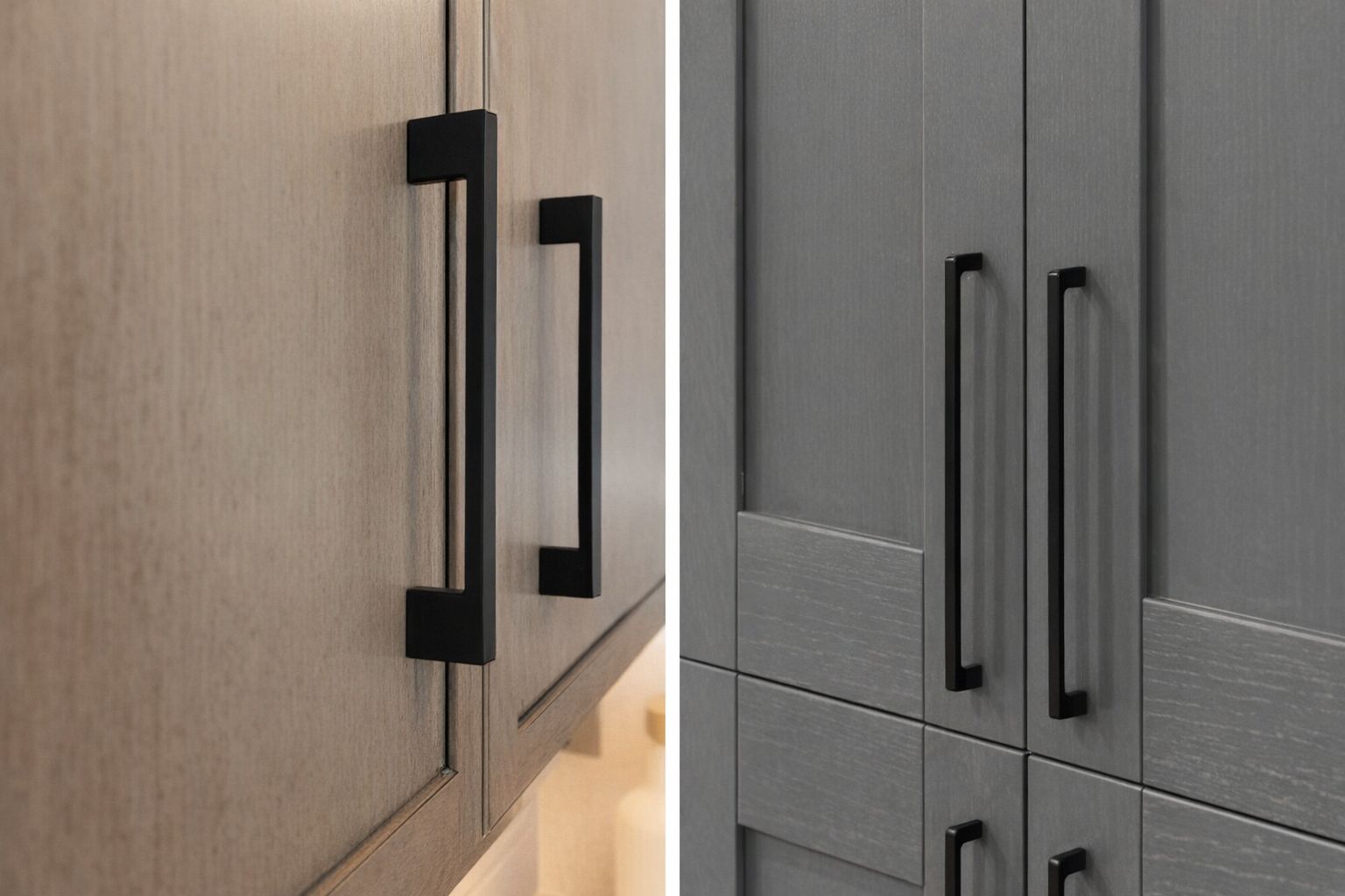 Nærbilde av moderne sorte håndtak på kjøkkenskap i treverk.